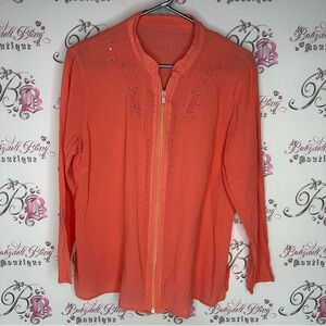 Cardigan sweater rhinestone bling embroidery zip up zipper lightweight orange